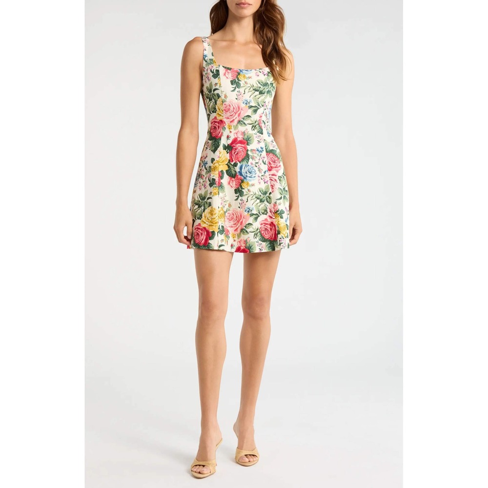 WAYF Women's Rosemary Floral Linen Mini Dress Ivory Roses Romantic Cottagecore